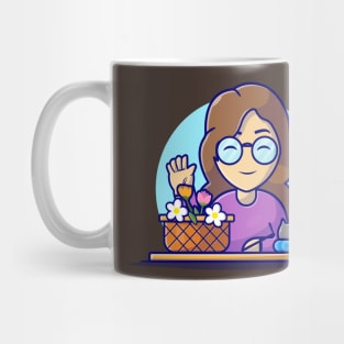 Cute Girl and Flower Bucket, Cat, Book Cartoon Vector Icon Illustration Mug